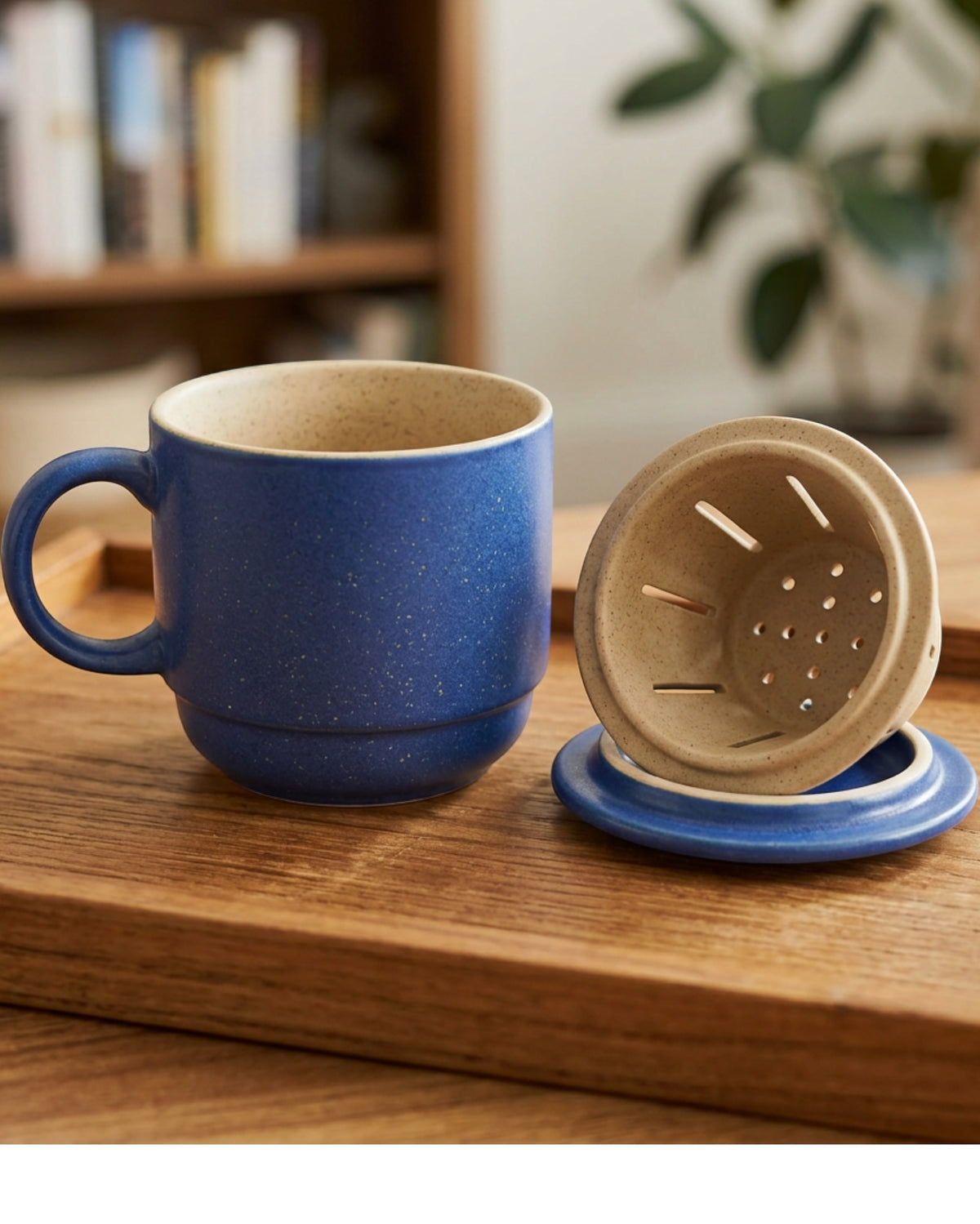 Thwvm Low Barrel Ceramic Tea Cup with Slotted Infuser and Lid 12 oz Cobalt Sand - Lifestyle view