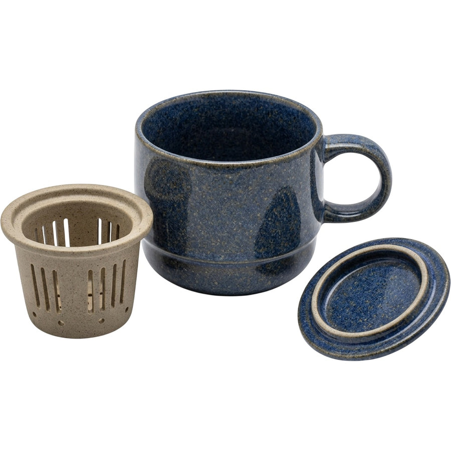 Thwvm Low Barrel Ceramic Tea Cup with Slotted Infuser and Lid 12 oz Cobalt Sand