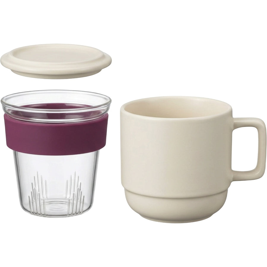 Thwvm Side Handle Ceramic Tea Cup with Glass Infuser and Lid 10 oz Plum Cream