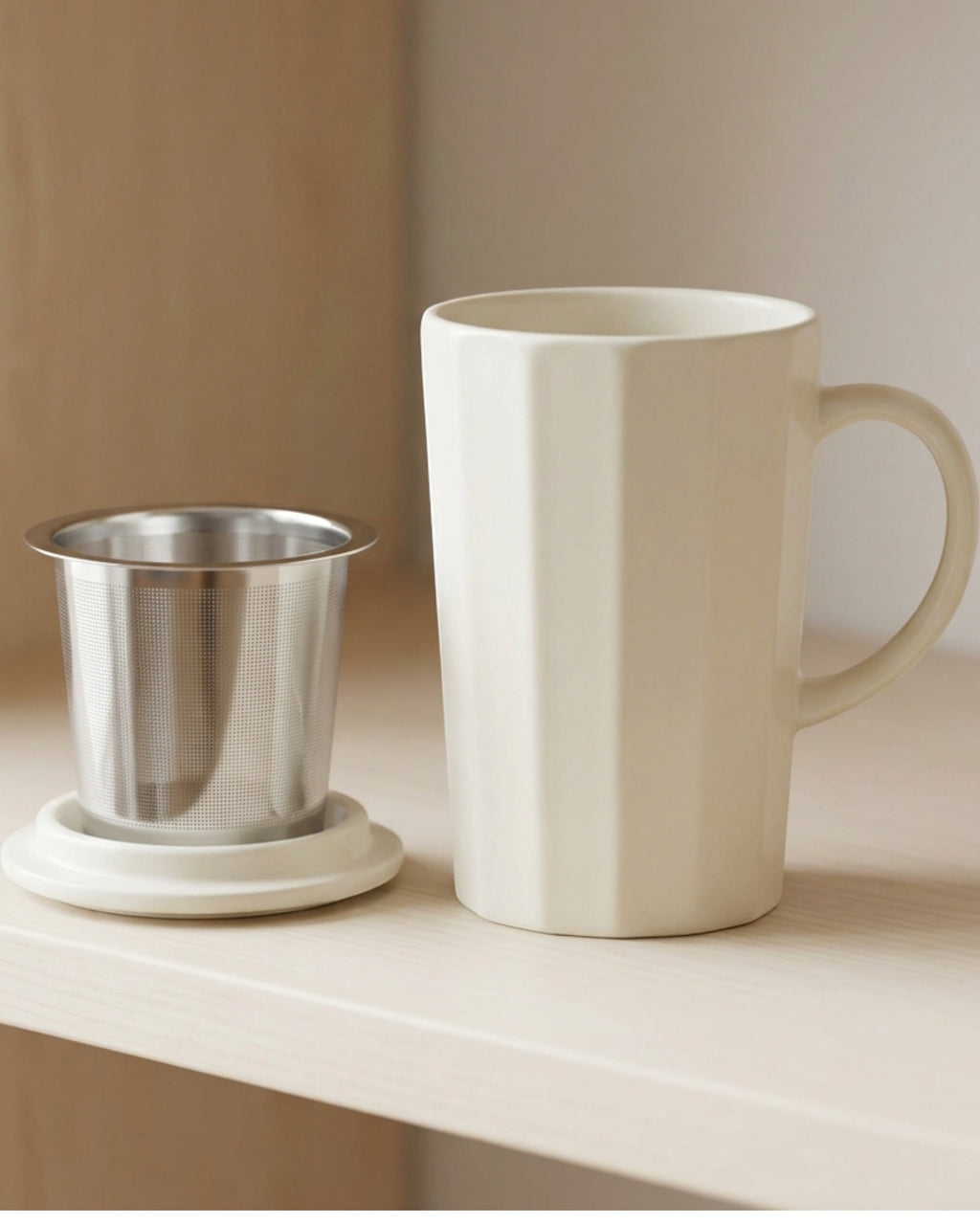 Thwvm Tall Faceted Ceramic Tea Mug with Steel Infuser and Lid 14 oz Sage Ivory - Lifestyle view