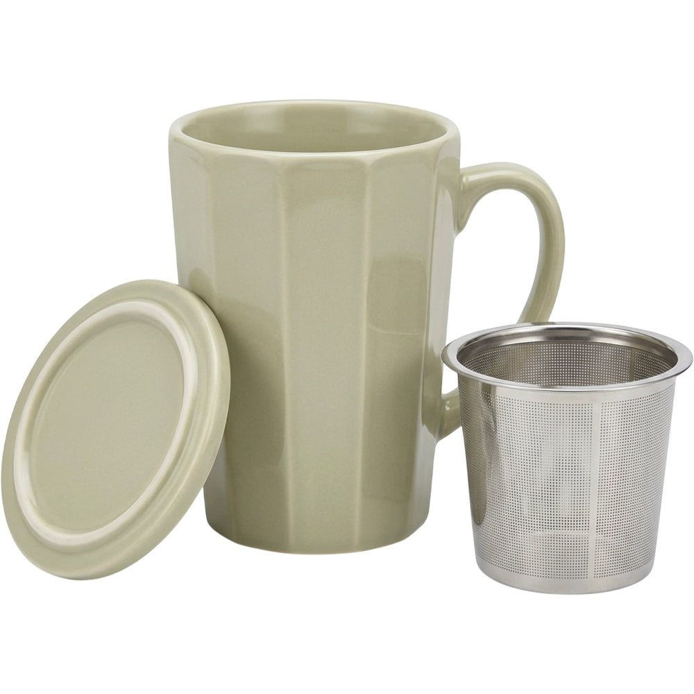 Thwvm Tall Faceted Ceramic Tea Mug with Steel Infuser and Lid 14 oz Sage Ivory - Product view