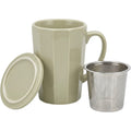 Thwvm Tall Faceted Ceramic Tea Mug with Steel Infuser and Lid 14 oz Sage Ivory - Product view